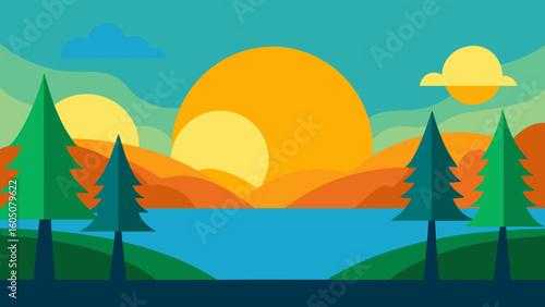 Lakeside Trees at Sunrise Scene Vector Illustration