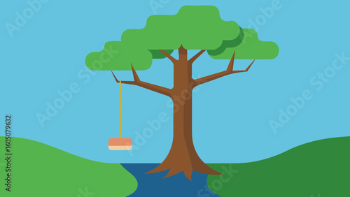 Swing on Tall Tree Over Stream Vector Illustration