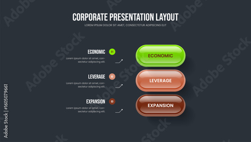 Modern Campaign 3 Step Diagram Frame Design. Market Launch Slide Layout Vector Illustration. Enterprise Report Three Option Infographic Presentation Template.