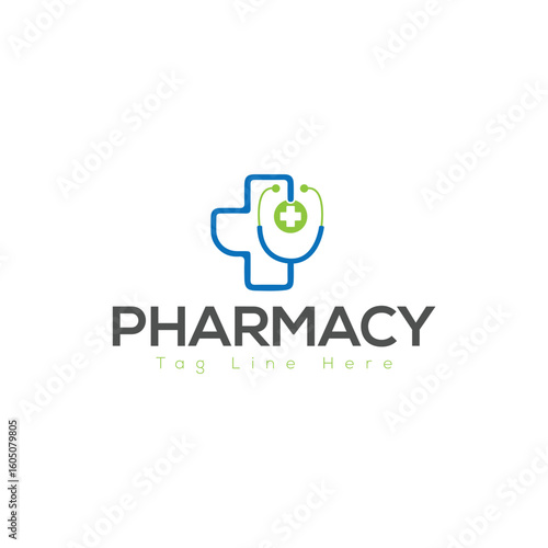 Pharmacy Logo Design – Medical Cross with Heart and Leaf Symbol Vector