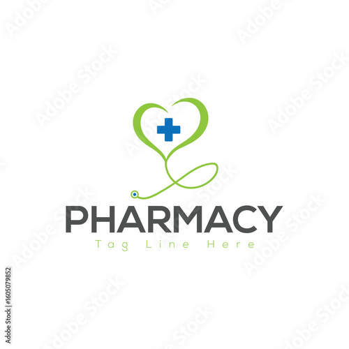 Pharmacy Logo Design – Medical Cross with Heart and Leaf Symbol Vector