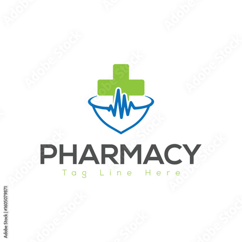 Pharmacy Logo Design – Medical Cross with Heart and Leaf Symbol Vector