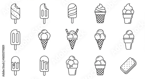 Collection of various ice cream and popsicle illustrations in a simple line art style.