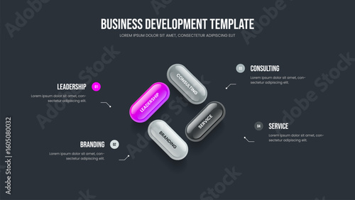 Modern Proposal Presentation Template Vector Illustration. Creative Strategy Four Element Diagram Frame Layout. Product Forecast 4 Step Infographic Slideshow Design.