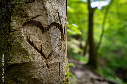 A heart carved into the trunk of an old tree in a woodland setting., -, tree, nature, forest, wood, bark, green, trunk, park