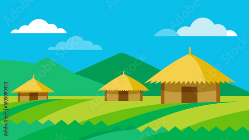 Idyllic Rural Thatched Roof Scene Vector