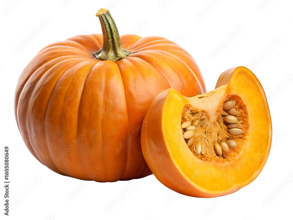A whole orange pumpkin with a slice showing seeds and flesh isolated on white isolated on transparent background A whole orange pumpkin with a slice showing seeds and flesh isolated on white isolated on transparent background