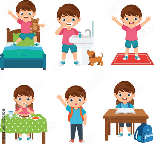 Daily routine of a young boy, morning to school, brushing, exercising, eating breakfast, studying, kid lifestyle, daily habits
