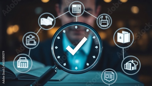  A magnifying glass with checkmark surrounded by business icon, symbolizing quality assurance, compliance, and certification. certified documen