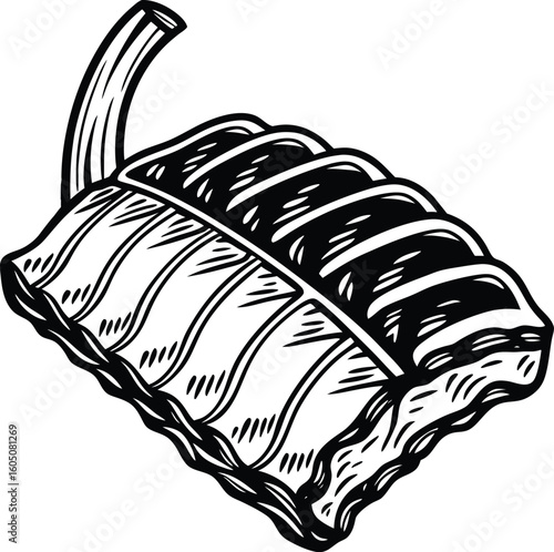 Rack of Ribs Meat Cut – Black and White Vector Illustration for BBQ, Butcher Shop, Cooking, and Meat Packaging Designs