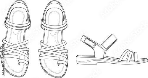 Flat sandal CAD drawing, top and side view, detailed vector illustration, technical fashion sketch, footwear design for digital templates