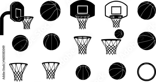 Basketball hoop, basketball and goal, net, ring icon silhouettes set

