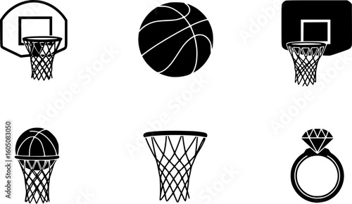 Basketball hoop, basketball and goal, net, ring icon silhouettes set
