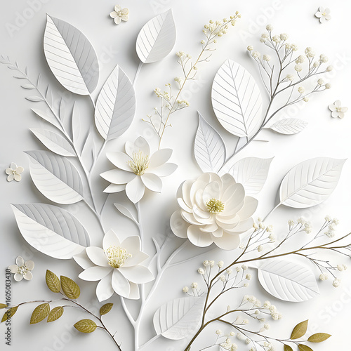 White 3d floral arrangement with leaves and branches