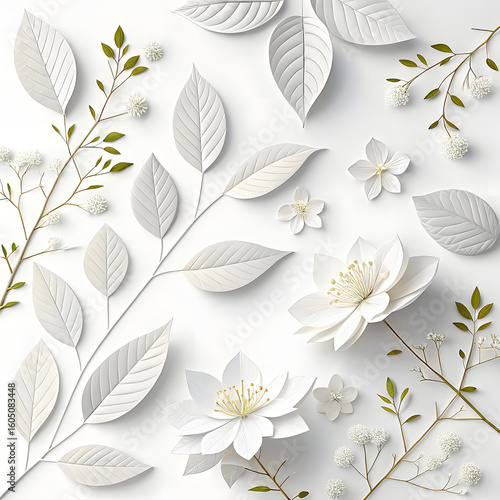 White Paper Flowers and Leaves Arrangement branches