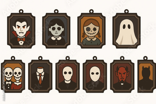 Set of Creepy Halloween Framed Portrait Icons in Flat Vector Style