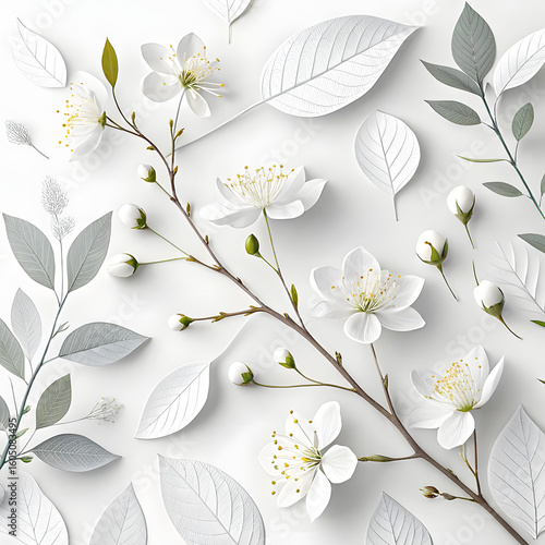 White cherry blossoms and leaves on white background