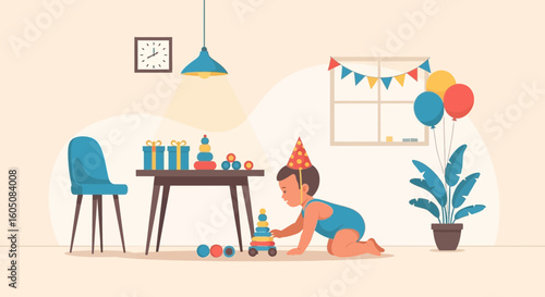 Cheerful Celebration Baby With Party Decor And Gifts In Bright Room