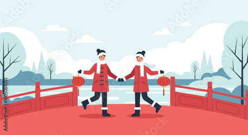 Cheerful Celebration People Winter Season With Traditional Chinese Lanterns