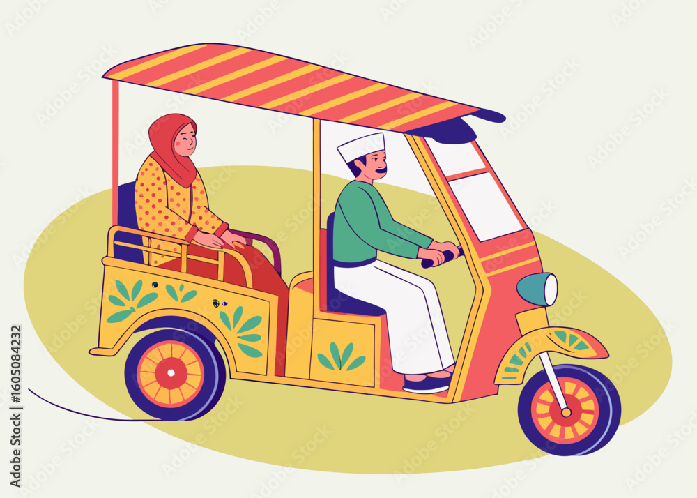 Fototapeta premium Colorful Asian Rickshaw with Driver and Passenger transportation