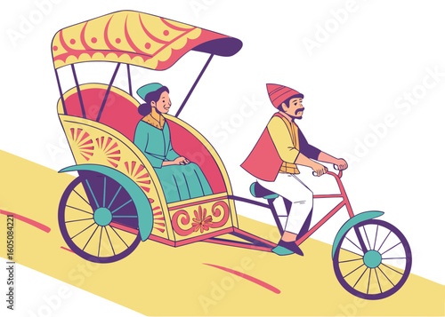 Colorful rickshaw with driver and passenger on yellow background