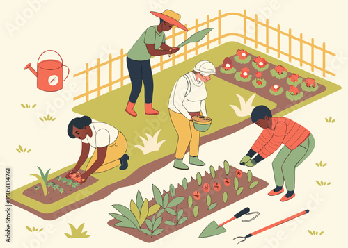 Diverse people gardening together in a community plot