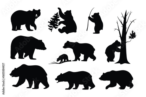 Collection of black silhouette illustrations depicting various bear poses and activities in a natural setting
