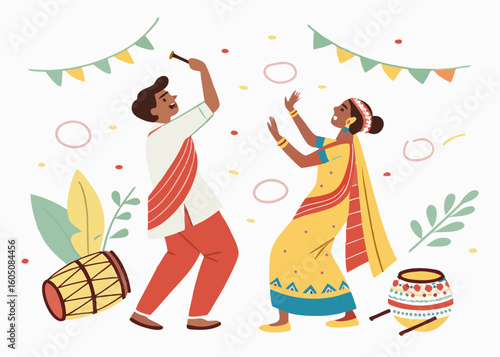 Man and woman dancing with drums and flags pahela baishakh