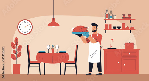 A Man Presents a Roasted Thanksgiving Turkey in a Cozy Dining Room