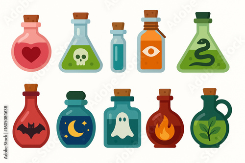 Set of Halloween Fantasy Potion Bottle Icons in Flat Vector Style