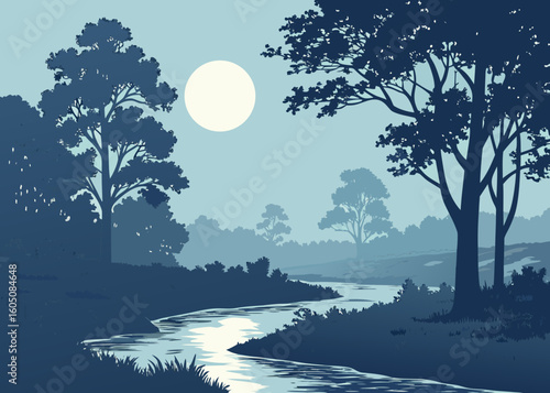 Silhouetted trees and moon over a tranquil river landscape