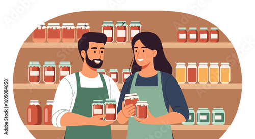 Cheerful Couple With Homemade Preserves In Pantry For Sustainable Living And Family Business