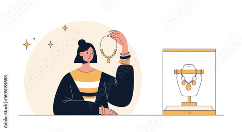 Elegant Woman Examining Exquisite Necklace Before Purchasing at the Jewelry Store