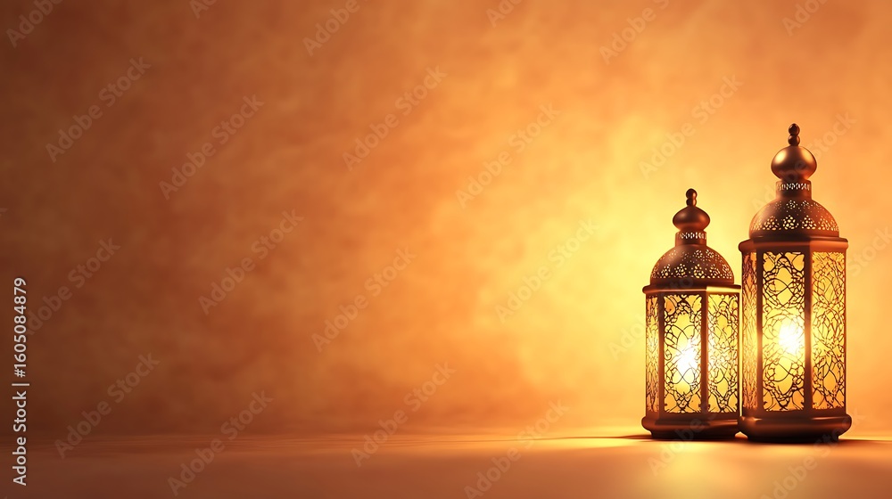 Fototapeta premium Two ornate lanterns casting warm light on a textured background