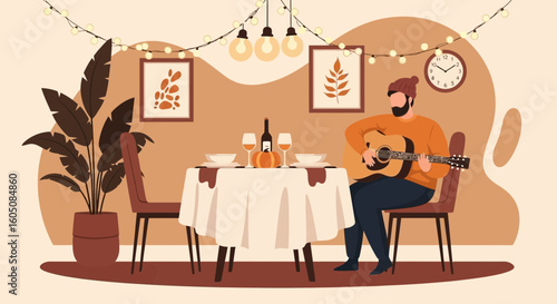 Acoustic Serenade: A Cozy Autumn Evening With Music And Dinner Scene