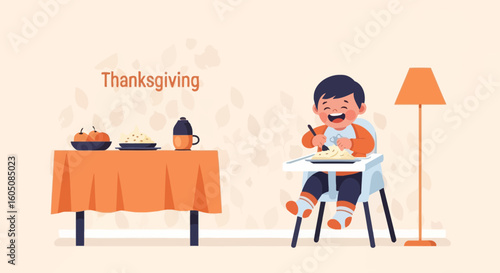Adorable Child Enjoying A Heartwarming Thanksgiving Meal With Family Celebration