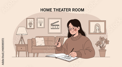 Creative Woman Drawing In Home Theater Room Interior Scene Illustration