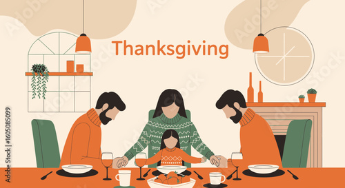 Family Gathering Praying At Thanksgiving Dinner With Traditional Table Setting