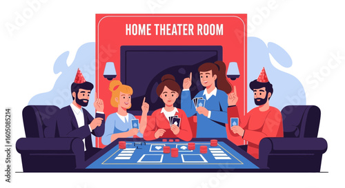 Cheerful Friends Enjoying Home Theater Room and Playing Poker At Birthday Party