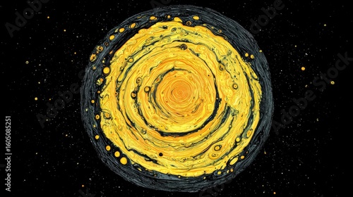 Circular, swirling design of yellow and dark colors against a black background.