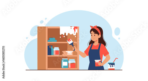 Creative Woman Painting Old Furniture With Brush, Refurbishment, Renovation