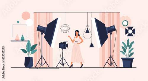 Elegant Woman Posing During Photo Shoot In Modern Studio Setting