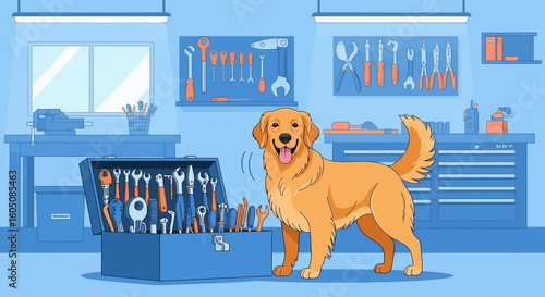 Cheerful Golden Retriever Dog in Workshop with Toolbox and Tools