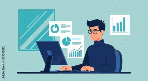 Analyzing Business Data On Computer For Strategic Growth Strategy Vector Illustration