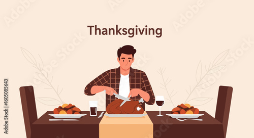 Cheerful Man Carving Roasted Turkey At Thanksgiving Dinner Table Celebration