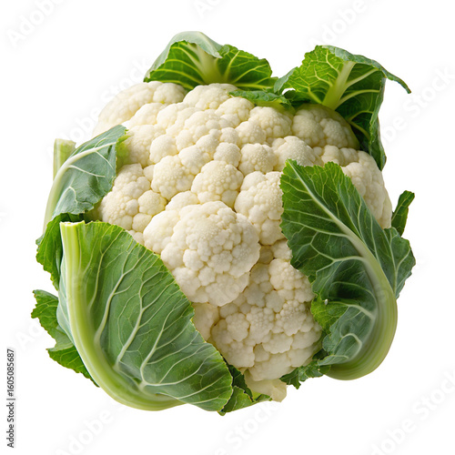 Fresh cauliflower head with green leaves isolated on white background close up vegetable photo