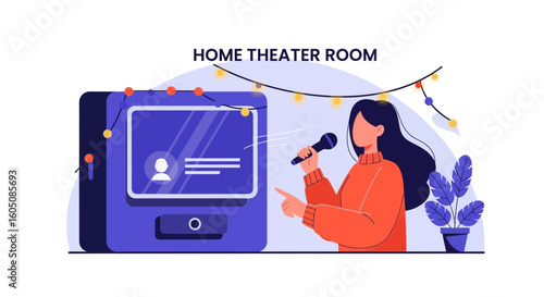 Creative Woman Sings Karaoke In Her Home Theater Room Enjoying Leisure