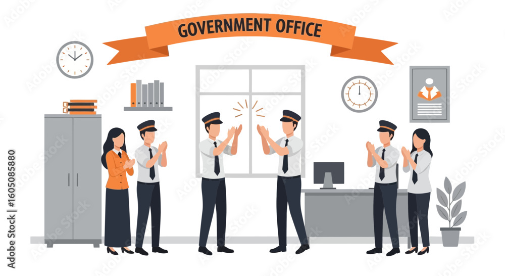 Fototapeta premium Animated Government Employees Cheering a Successful Deal Within Modern Office