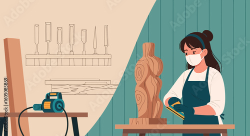 Creative Woman Working On Wooden Sculpture In Her Workshop With Tools