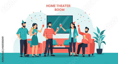Cheerful People Celebrating an Event In a Decorated Modern Home Theater Room